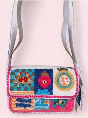 Hand-Beaded Multicolor Crossbody Bag – Embroidered Heart & Sun Motif